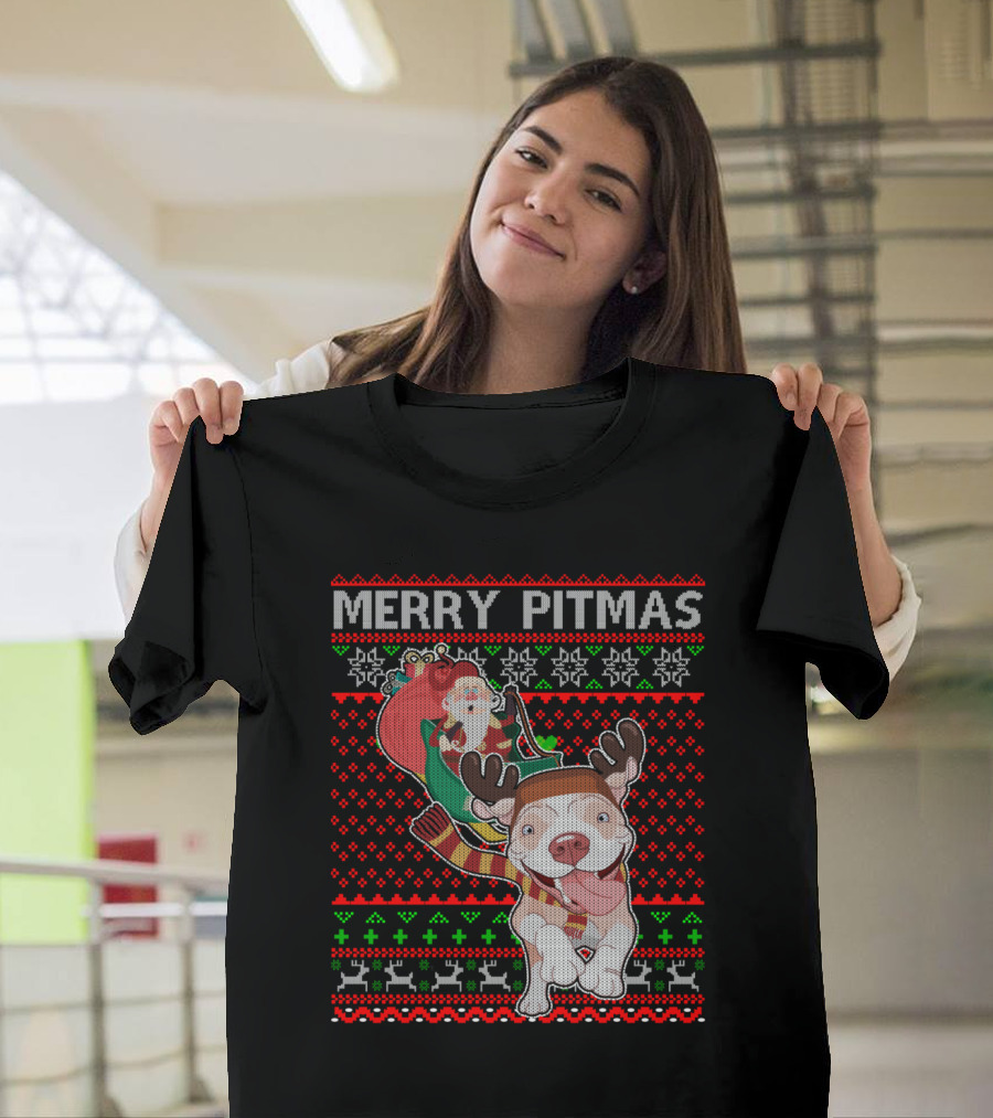 Merry Pitmas Ugly Christmas Sweater Pitbull Dog with Santa Hat and Reindeer Antlers T-Shirt