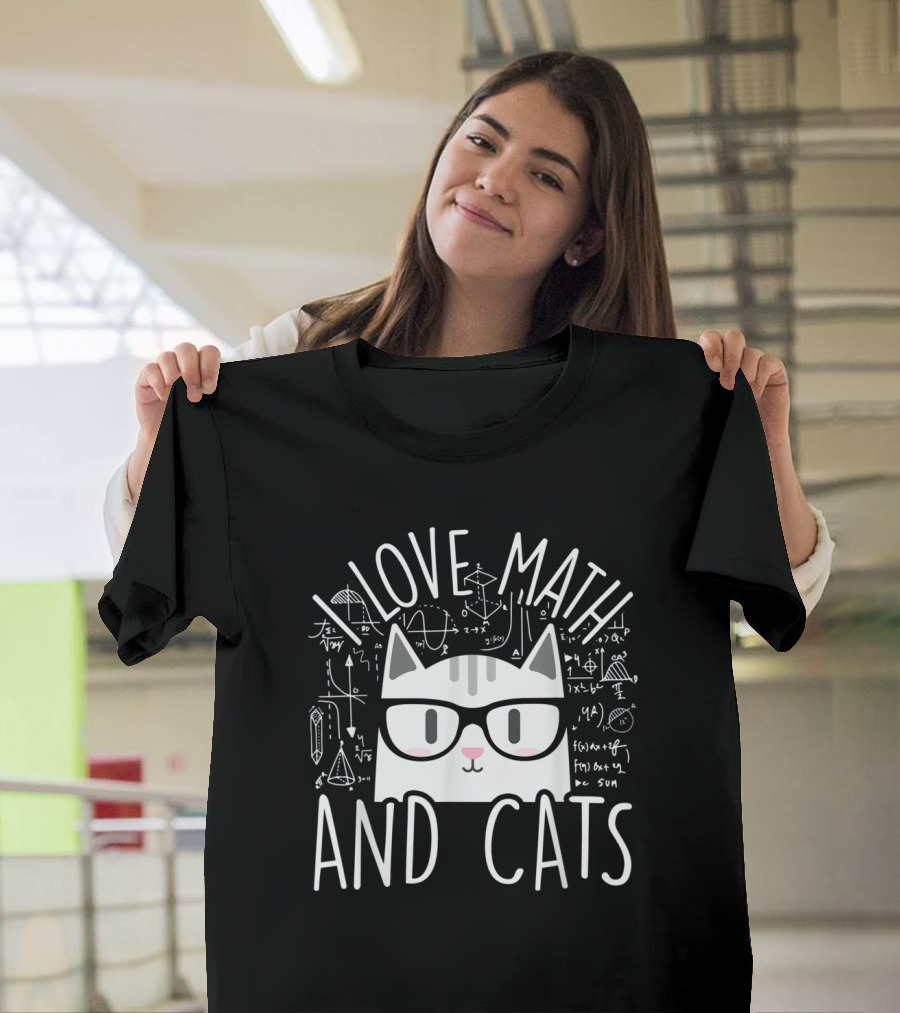 I Love Math and Cats Kitty with Glasses and Math Formulas T-Shirt