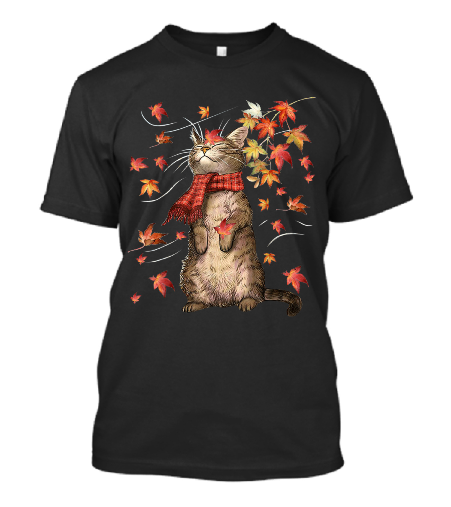 Funny Cat Enjoying Leaf Fall Hello Autumn Kitten Lover T-Shirt