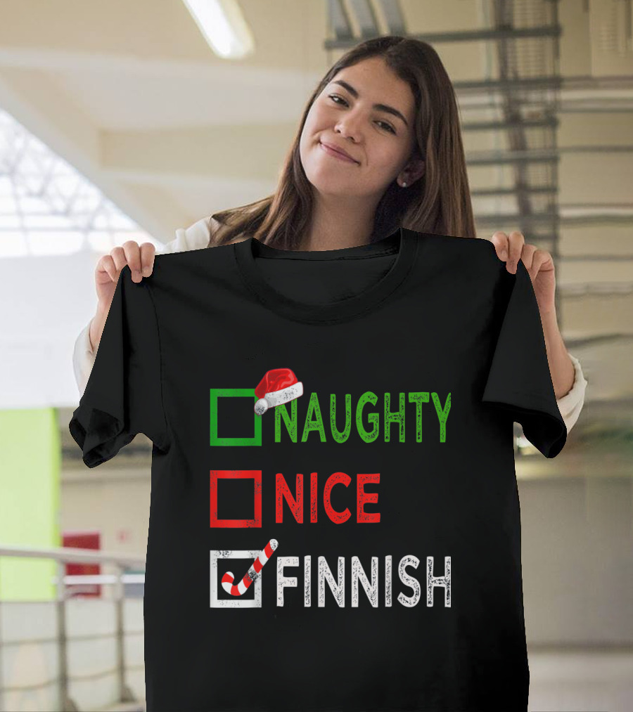 Naughty Nice Finnish Funny Christmas Santa Pajamas Checkerboard T-Shirt