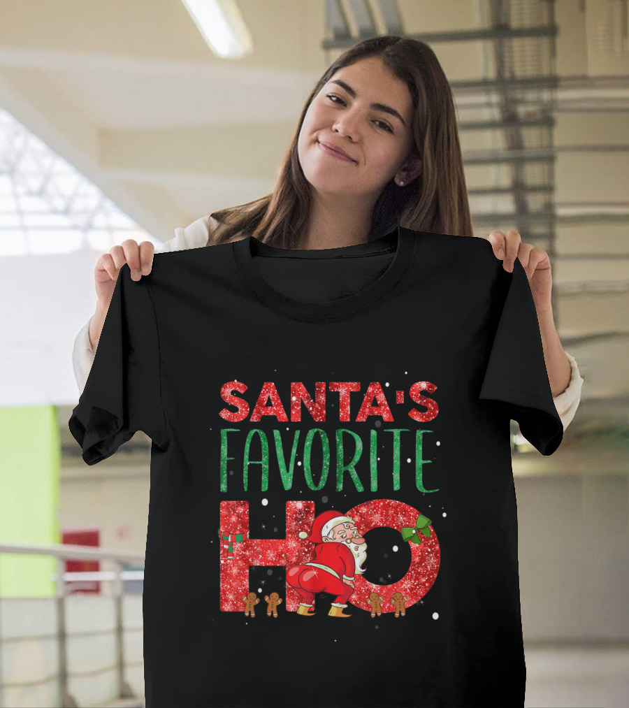 Santa's Favorite Ho Red Glitter Xmas with Gingerbread and Playful Santa T-Shirt