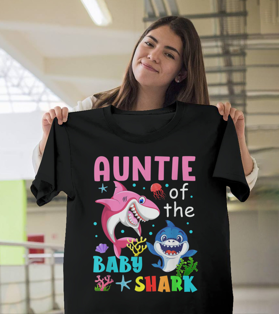 Auntie of the Baby Shark Birthday Theme with Colorful Sea Creatures T-Shirt