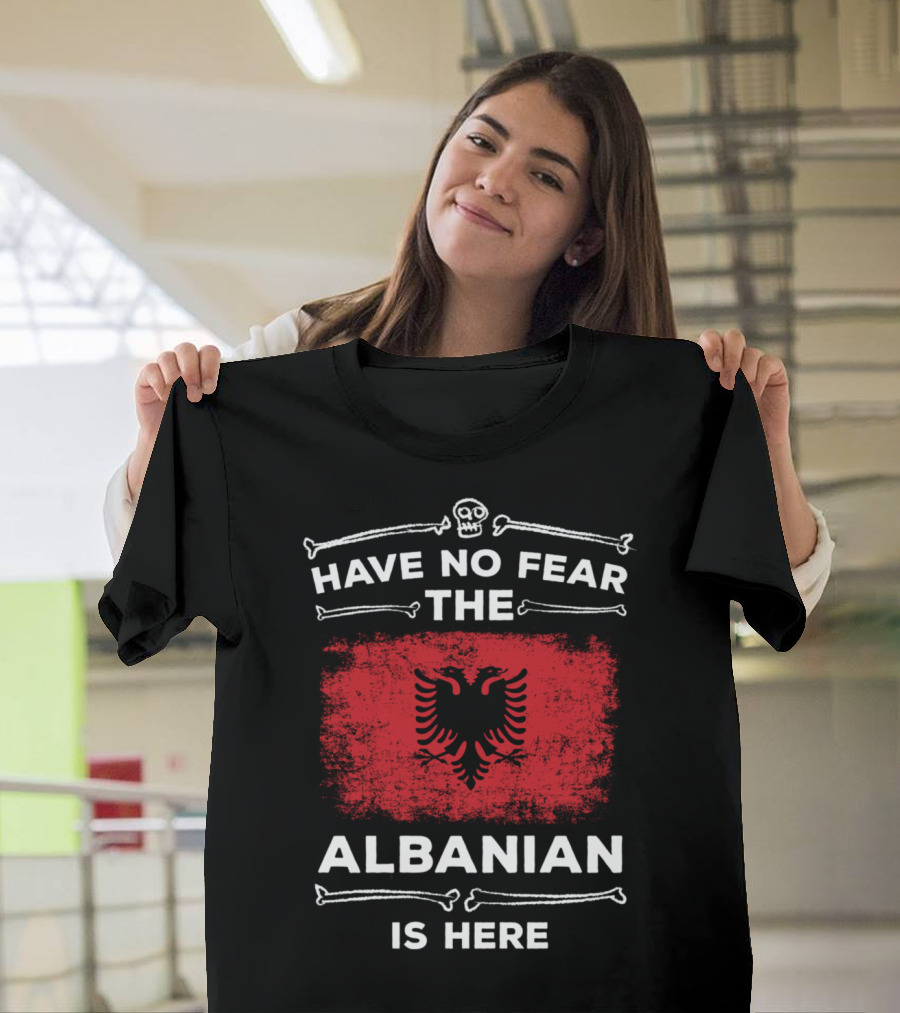 Have No Fear The Albanian Is Here Halloween Albania Flag with Skull and Bones T-Shirt