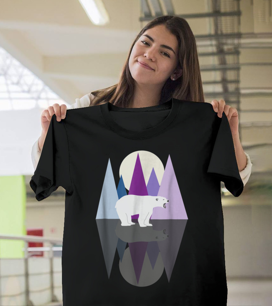 Polar Bear Roaring Amid Geometric Trees and Ice Reflection T-Shirt
