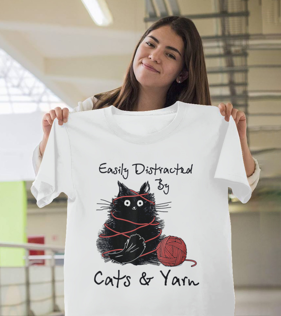 Easily Distracted by Cats and Yarn Black Cat with Red Yarn Ball T-Shirt
