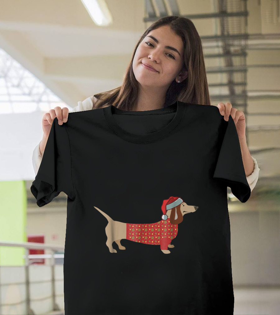 Christmas Dachshund in Santa Hat and Festive T-Shirt