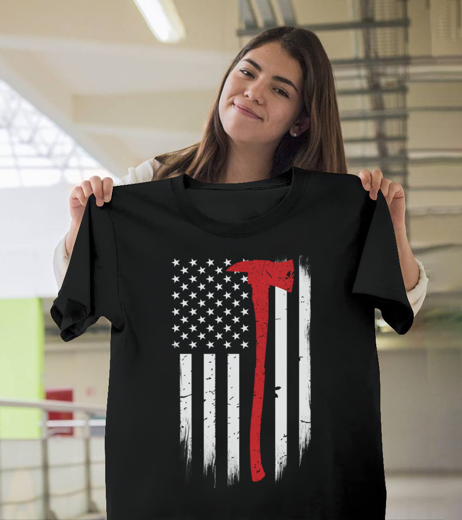 Thin Red Line American Flag Axe Firefighter Support T-Shirt