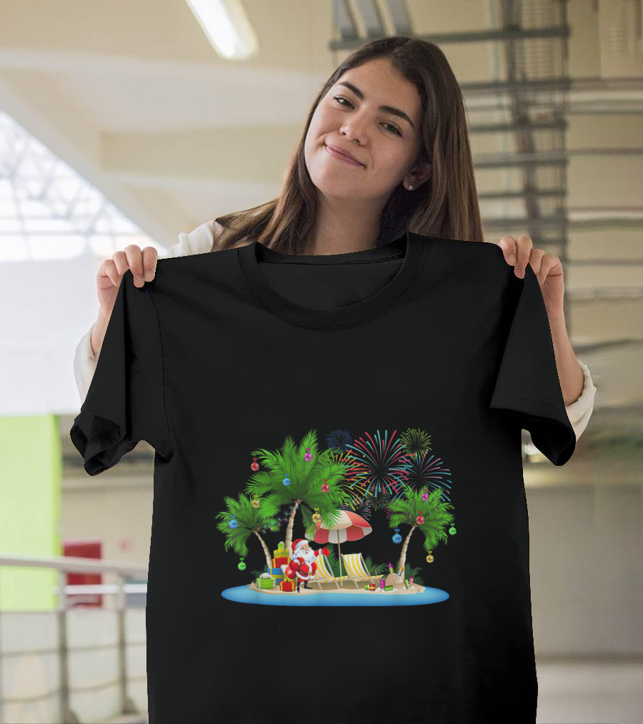Santa Under Palm Trees with Fireworks Tropical Xmas Lights T-Shirt