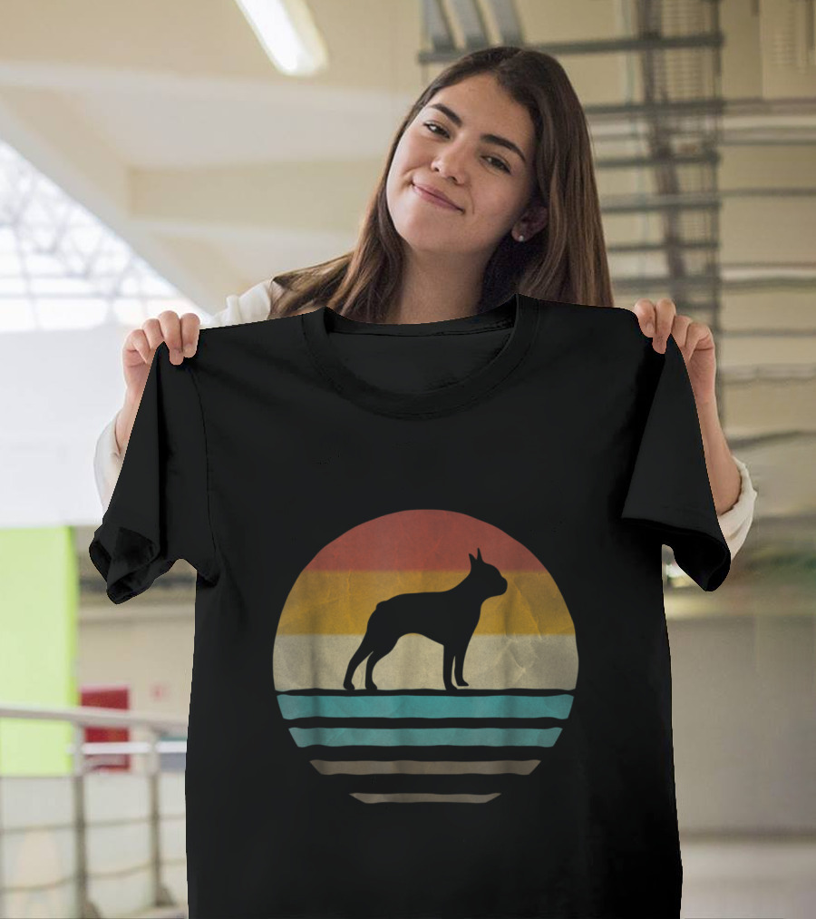Boston Terrier Dog Retro 70s Breed Vintage Silhouette Stripes T-Shirt