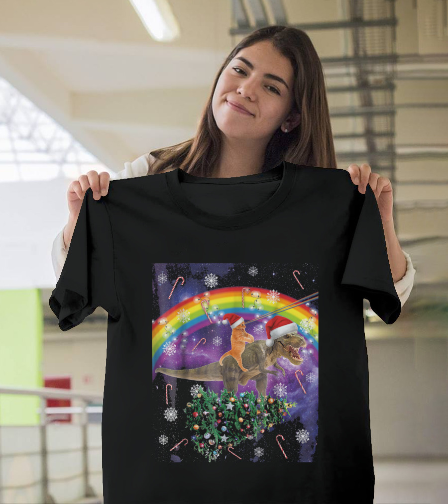 Christmas Kitty Riding T-Rex in Space with Rainbow and Candy Canes T-Shirt