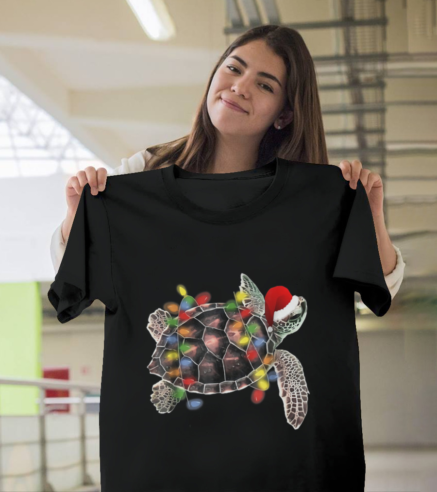 Sea Turtle Wearing Santa Hat Merry Christmas Lights T-Shirt
