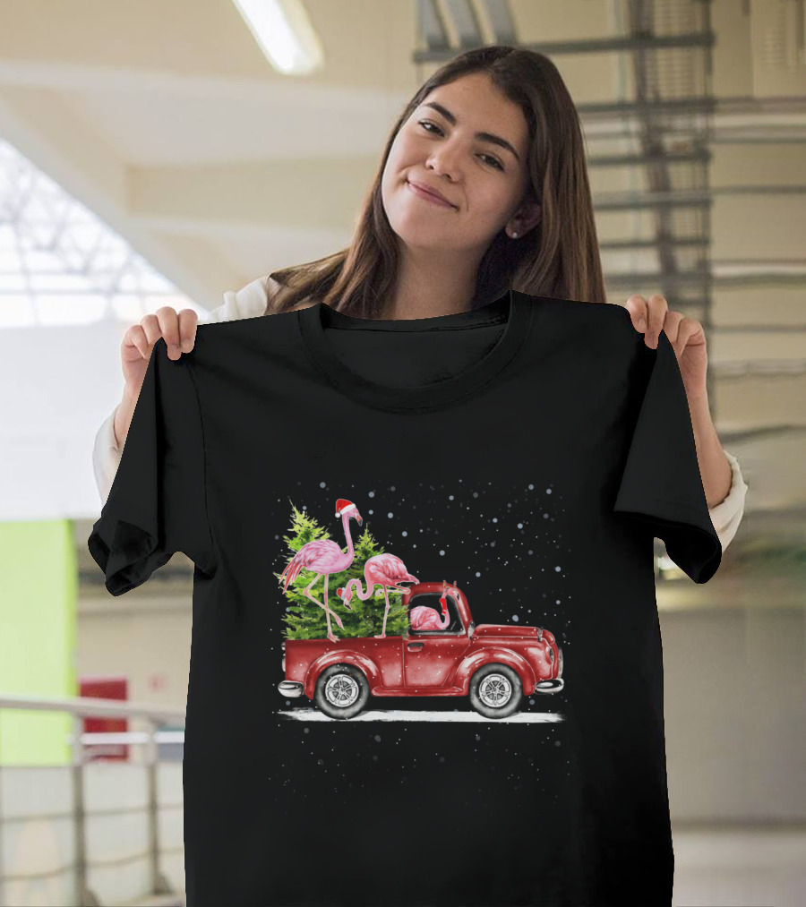Christmas Flamingo Trio Riding Red Truck with Santa Hats and Xmas Tree T-Shirt