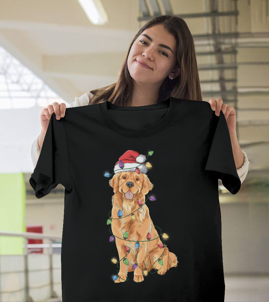 Golden Retriever Wrapped in Christmas Lights Santa Hat Reindeer T-Shirt