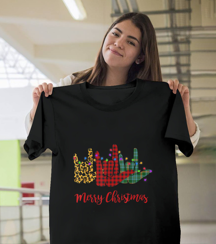 Merry Christmas ASL Sign Language Leopard and Plaid with Christmas Lights T-Shirt