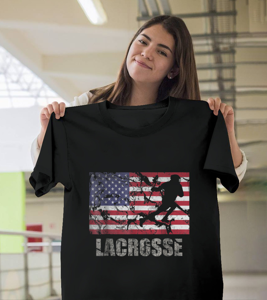 Lacrosse Silhouette Over American Flag USA Fan T-Shirt