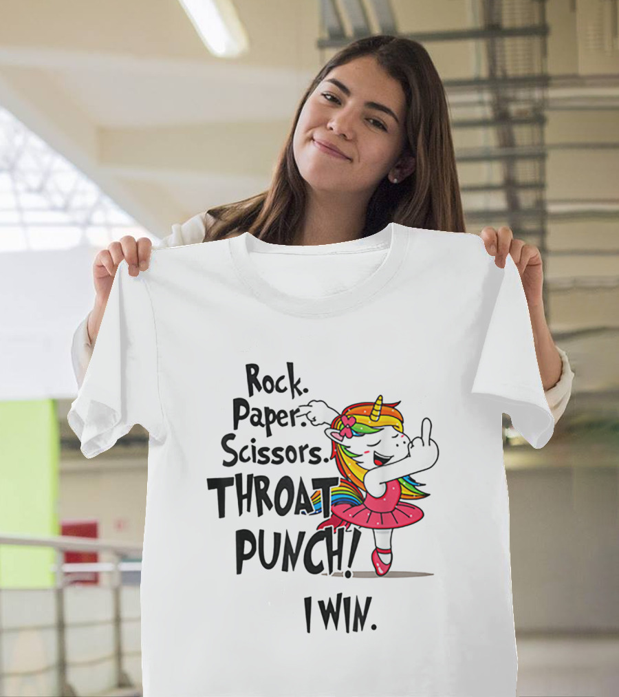 Rock Paper Scissors Throat Punch I Win Unicorn Dancing in Pink Tutu T-Shirt