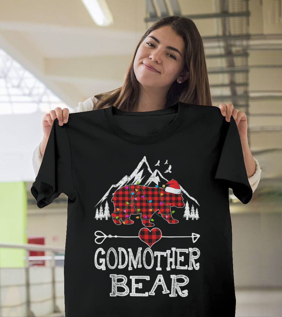 Godmother Bear Christmas Red Plaid Buffalo Family Holiday Mountains T-Shirt