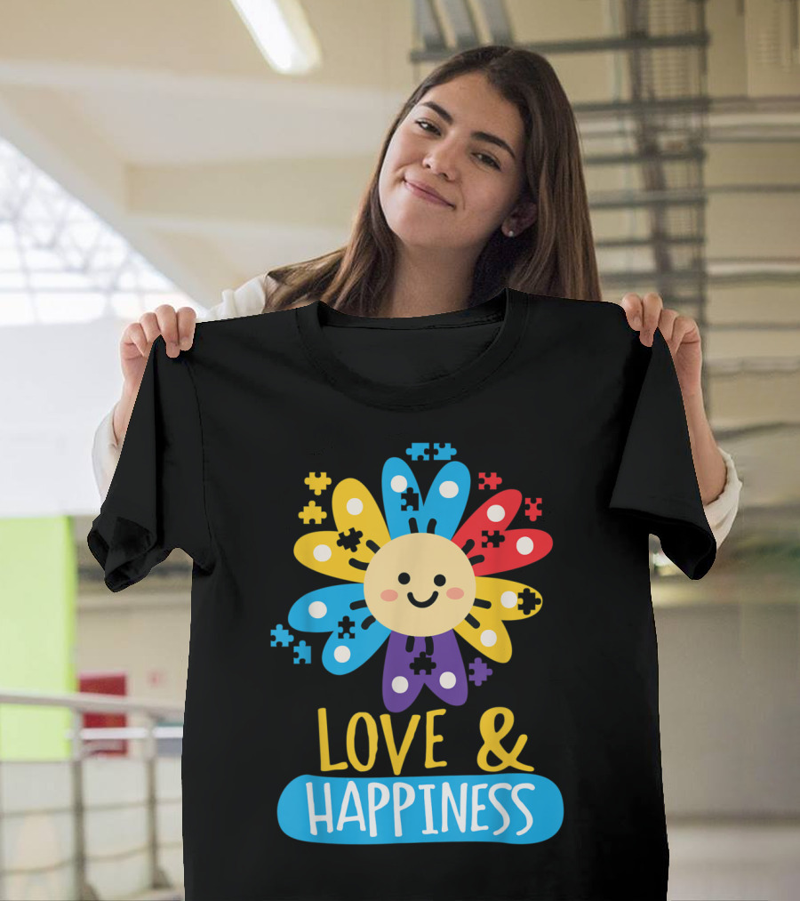 Love and Happiness Colorful Sunflower Puzzle Autist Awareness T-Shirt