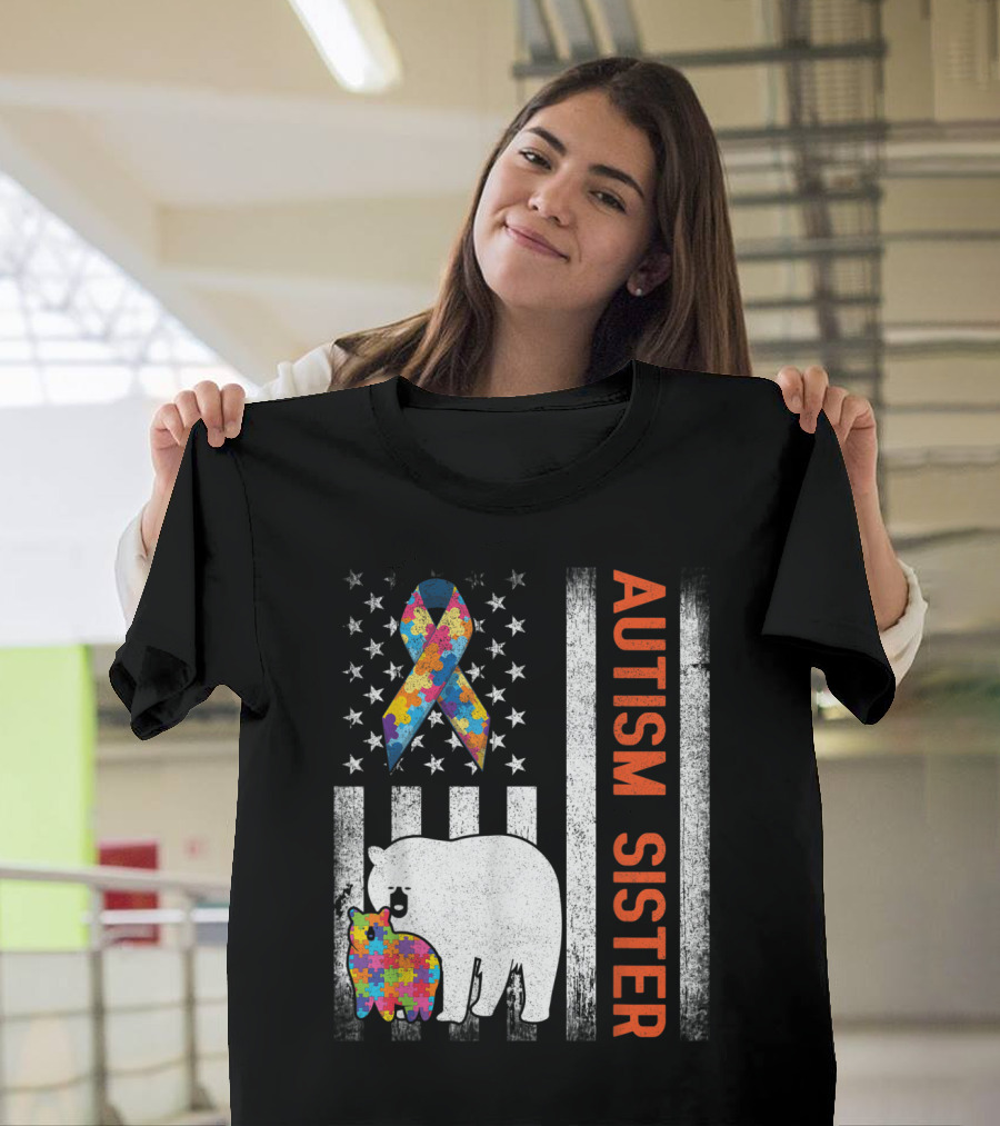 Autism Sister US Flag Puzzle Bears T-Shirt