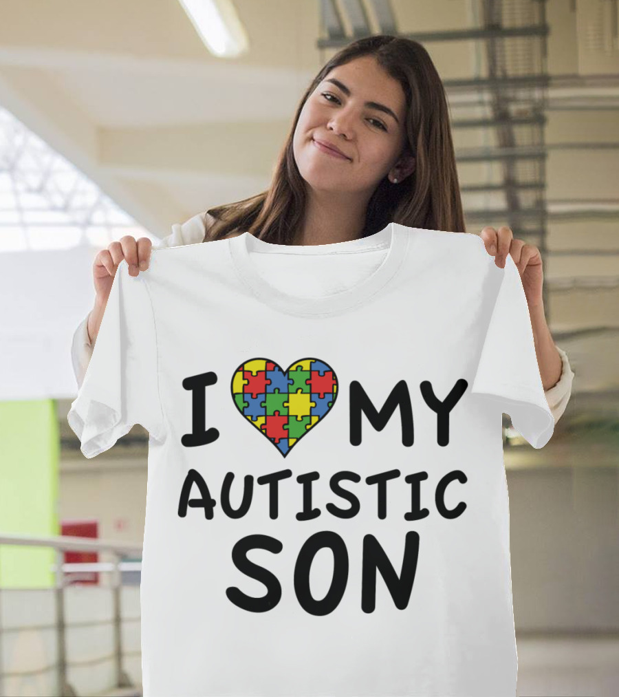I Heart Puzzle Pattern Love My Autistic Son T-Shirt