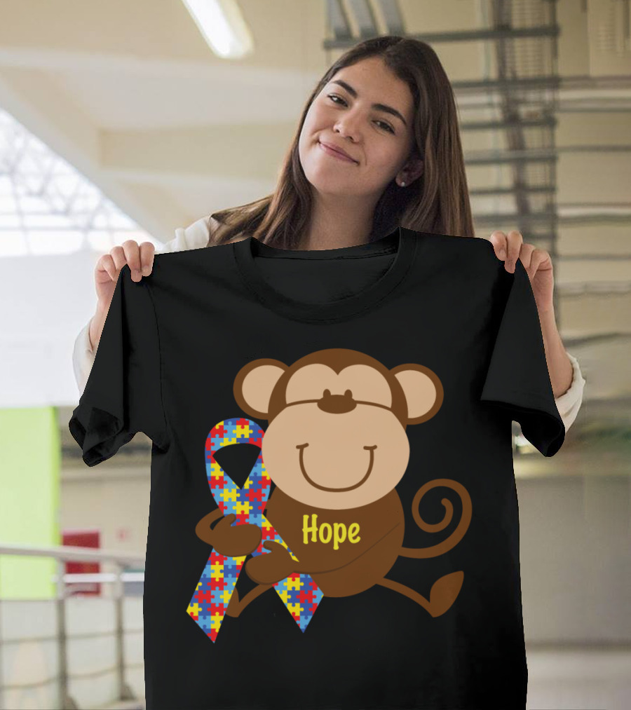Monkey Holding Autism Puzzle Ribbon Hope T-Shirt