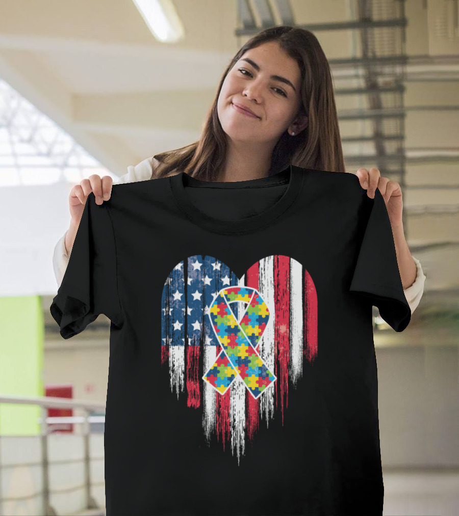 Autism Awareness American Flag Heart Puzzle T-Shirt