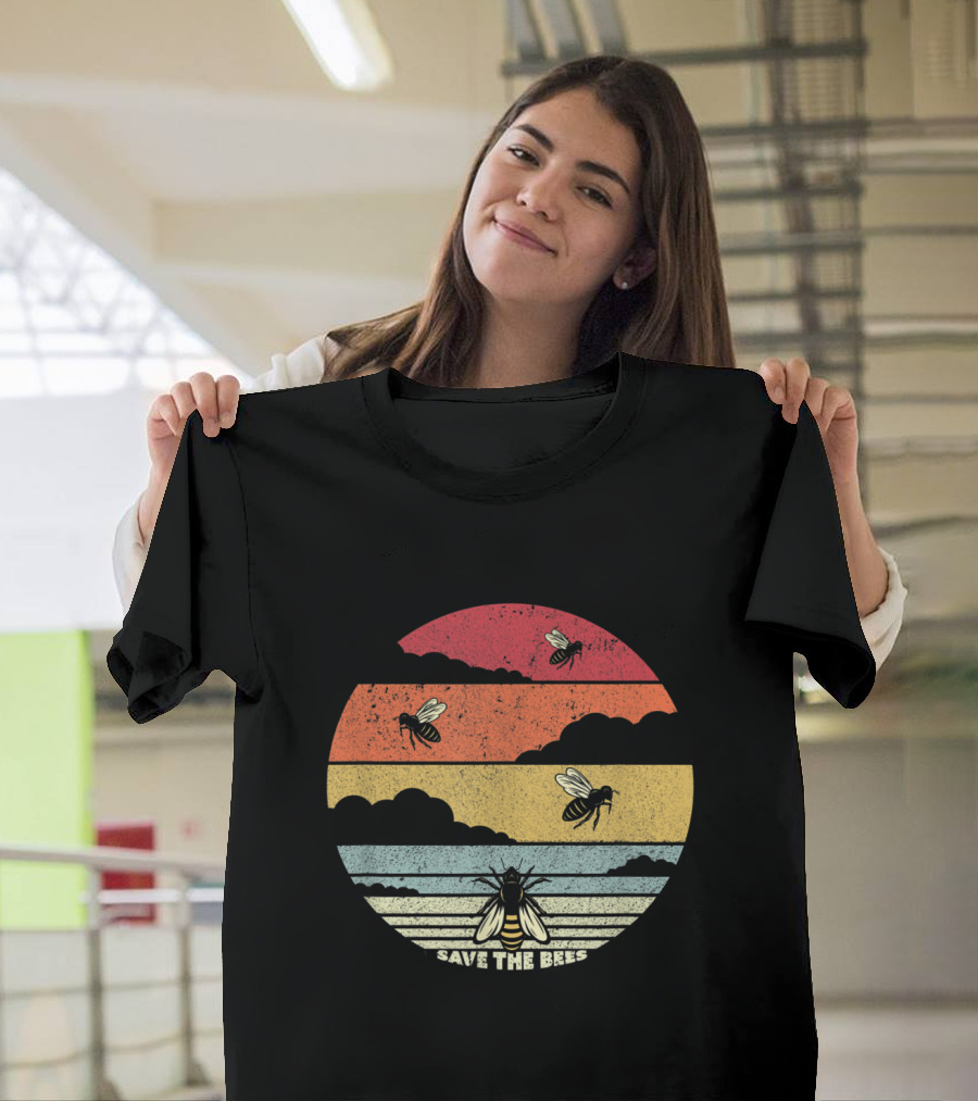 Save The Bees Climate Change Vintage Sunset Stripes T-Shirt