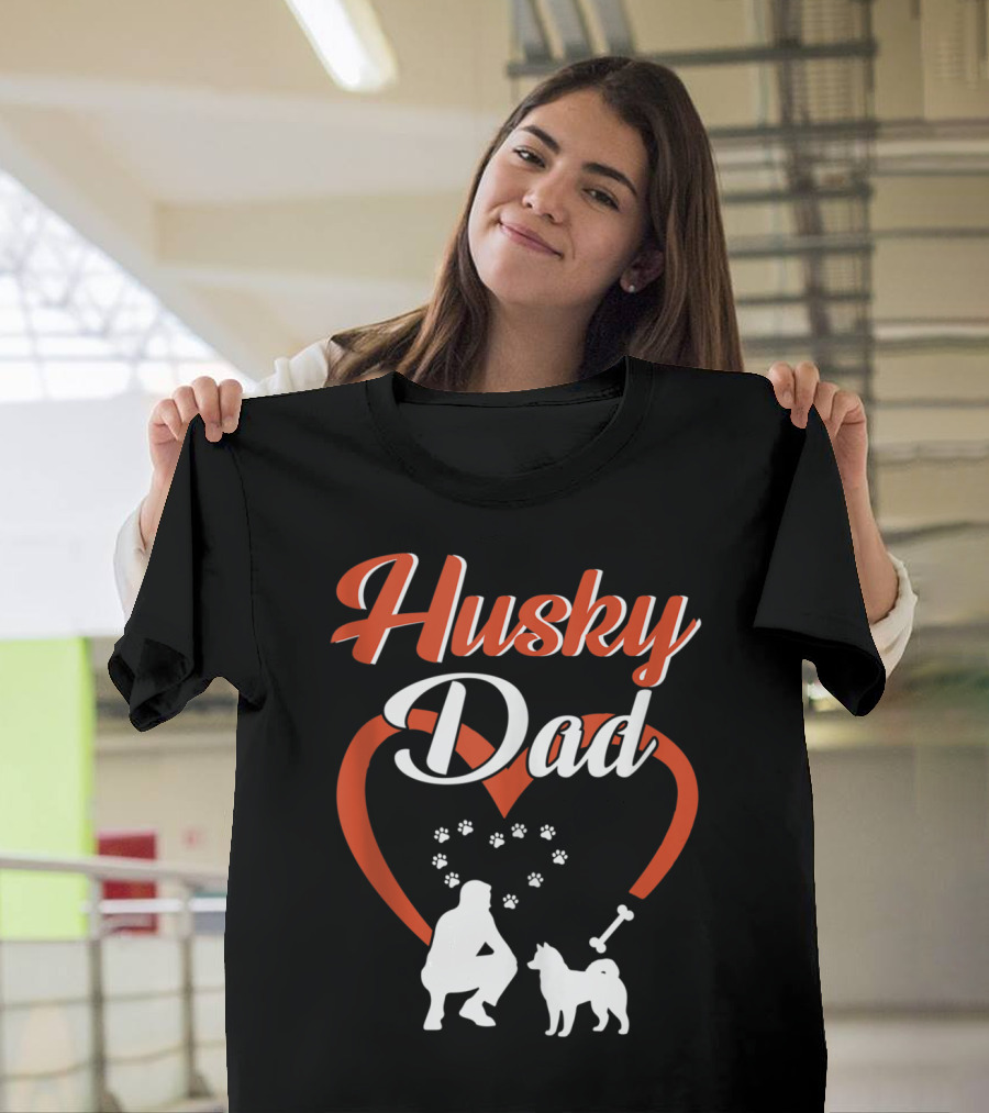 Husky Dad with Dog and Heart Silhouette and Paw Prints T-Shirt
