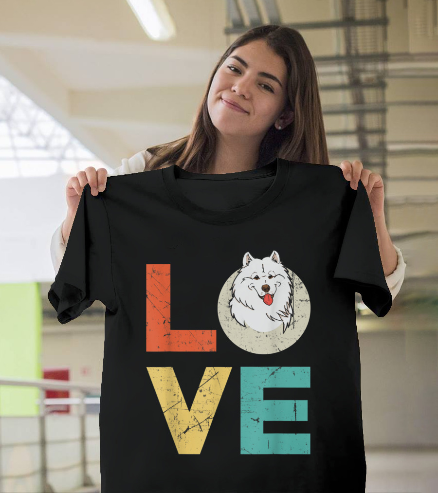 Funny American Eskimo Love Heart Xmas Valentines Day Dog Face in Letters T-Shirt