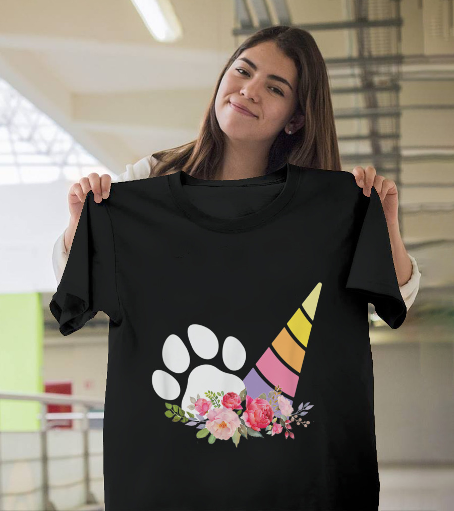 Unicorn Horn and Paw Print with Colorful Floral Accents for Dog Dad T-Shirt