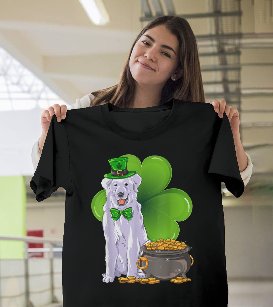 Kuvasz Dog with Leprechaun Hat and Shamrock on St Patrick's Day T-Shirt