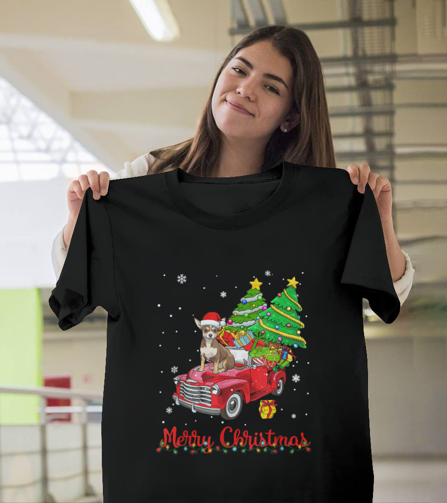 Merry Christmas Chihuahua with Santa Hat on Red Truck with Christmas Trees and Presents T-Shirt
