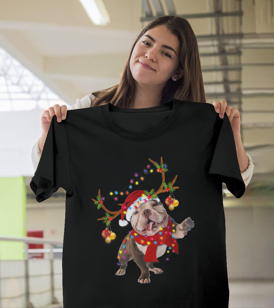 Tee89s Bully Dog Santa Hat Reindeer Antlers Colorful Christmas Lights T-Shirt