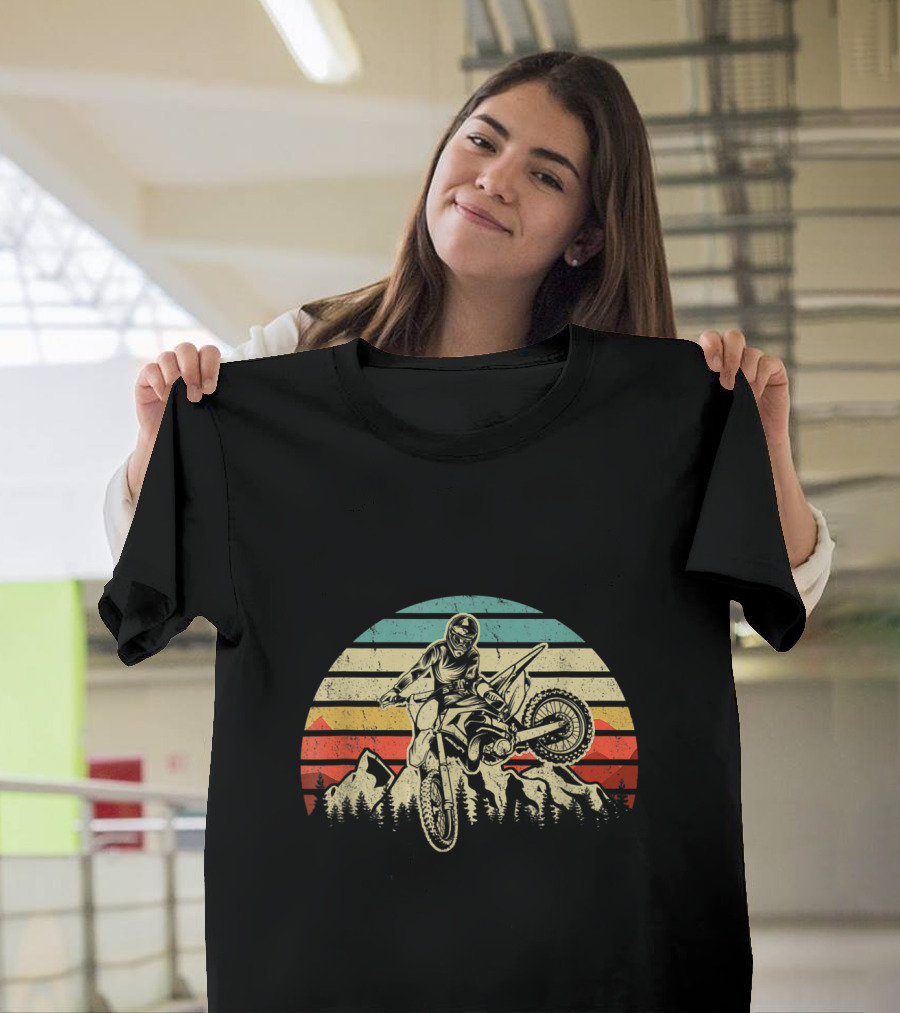 Retro Vintage Motocross Dirt Bike Rider in Front of Mountains and Sunset T-Shirt