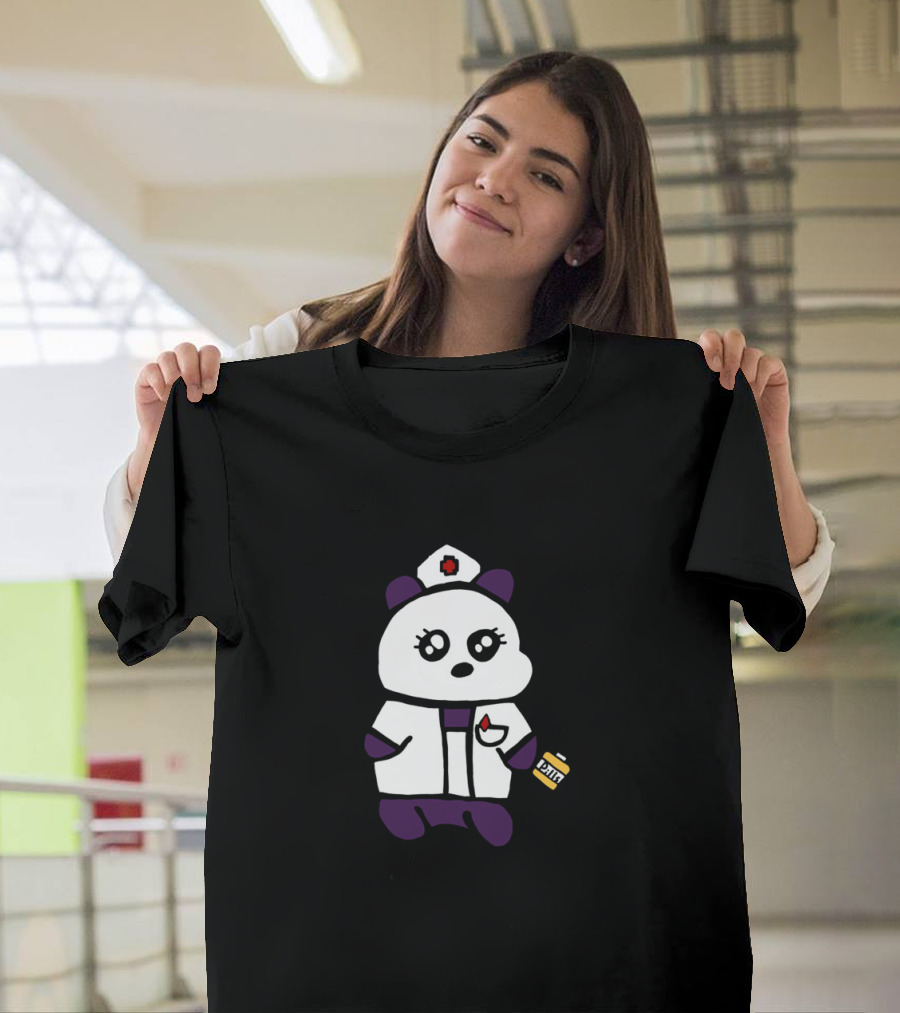 Nurse Panda Holding Syringe and Pill Bottle Dressed in Medical Uniform T-Shirt