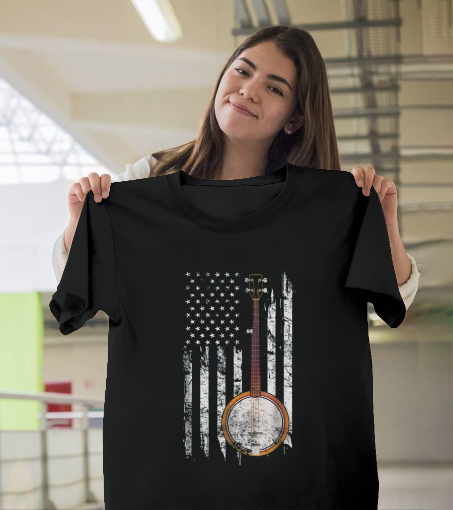 American Flag Bluegrass Banjo USA Patriotic Music T-Shirt