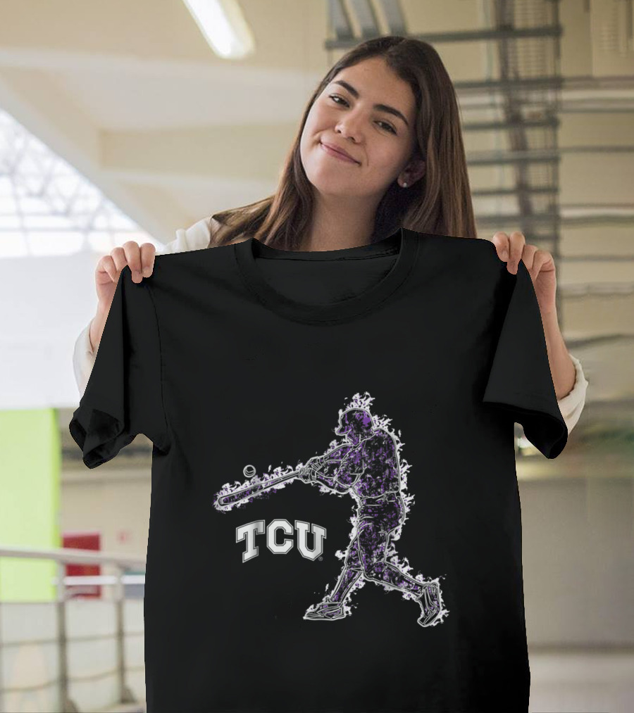 TCU Horned Frogs Baseball Player Silhouette with Flames T-Shirt