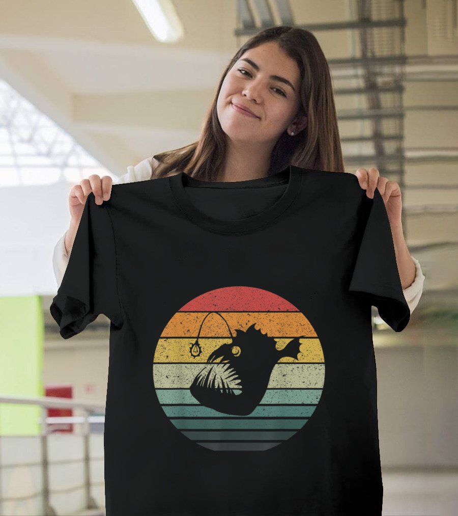 Retro Striped Angler Fish Silhouette Vintage Aesthetic T-Shirt