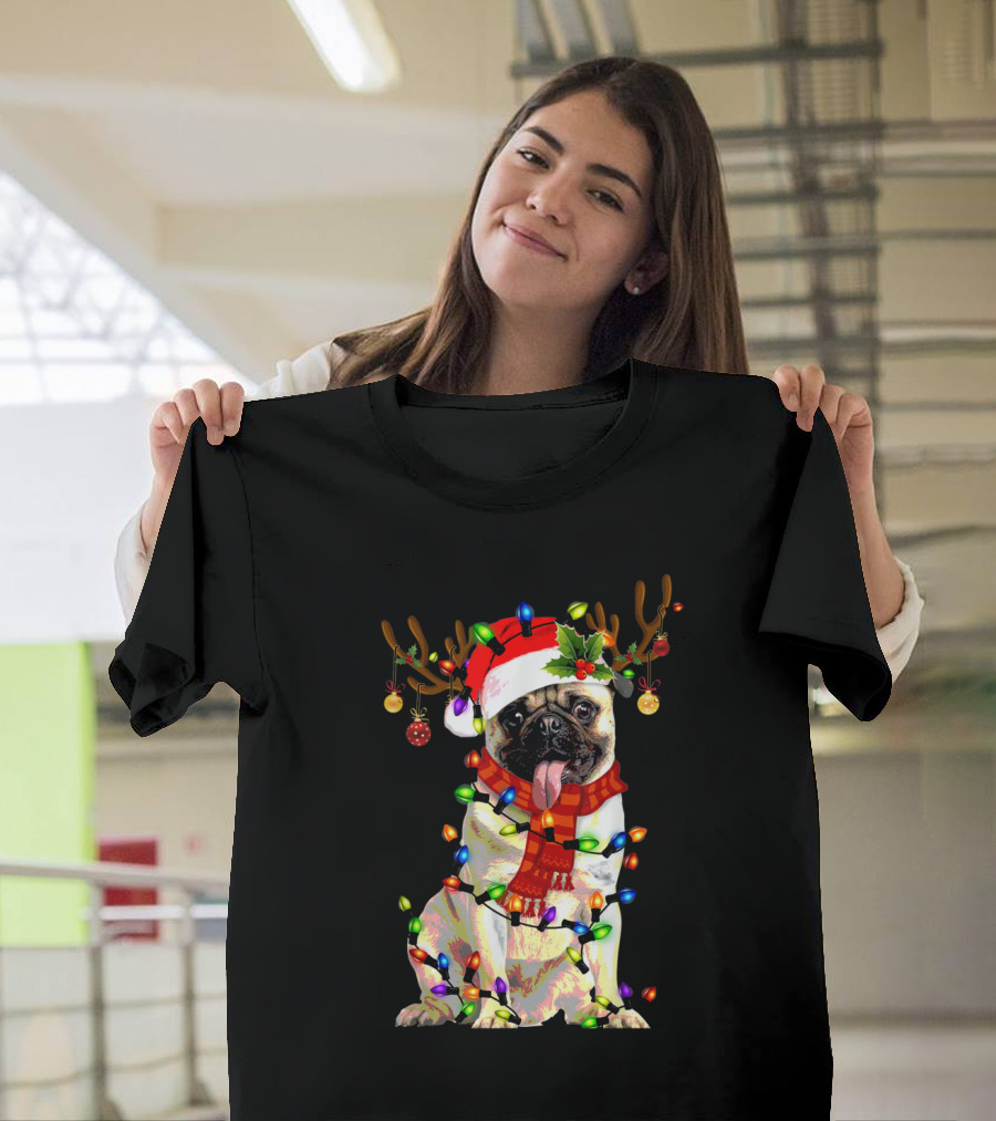Pug Wearing Santa Hat Reindeer Antlers Christmas Lights Scarf Holiday T-Shirt