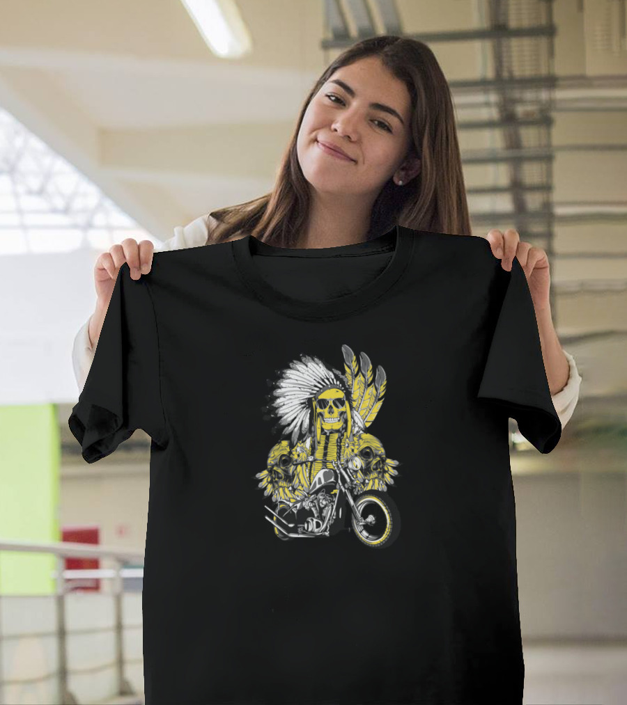American Indian Rocker Motorcycle Skull Headdress T-Shirt