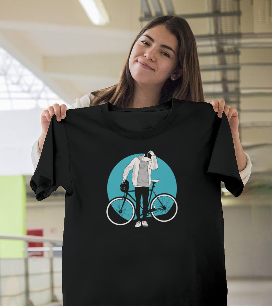 Cyclist Casual Pose Hoodie and Helmet with Blue Circle Background T-Shirt