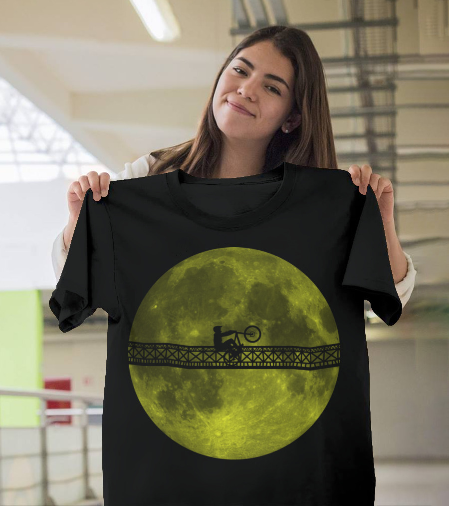Moon Rider Cyclist Silhouette Crossing Lunar Bridge T-Shirt