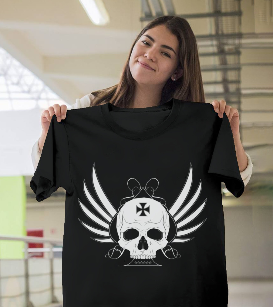 Skull with Iron Cross and Wings on Spade Background T-Shirt