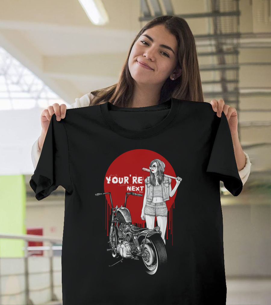 Winya No. 15 You're Next Motorcycle Girl with Bat and Red Sun Background T-Shirt
