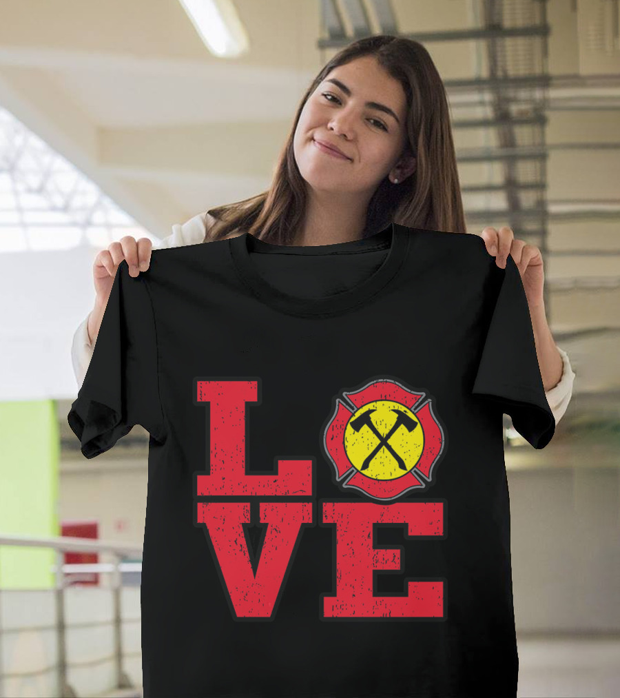 LOVE Firefighter Symbol with Firefighting Tools Badge T-Shirt
