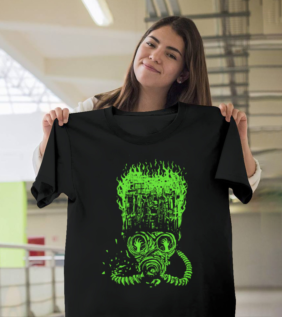 City on Fire Gas Mask Burning Skyline Neon Flames T-Shirt