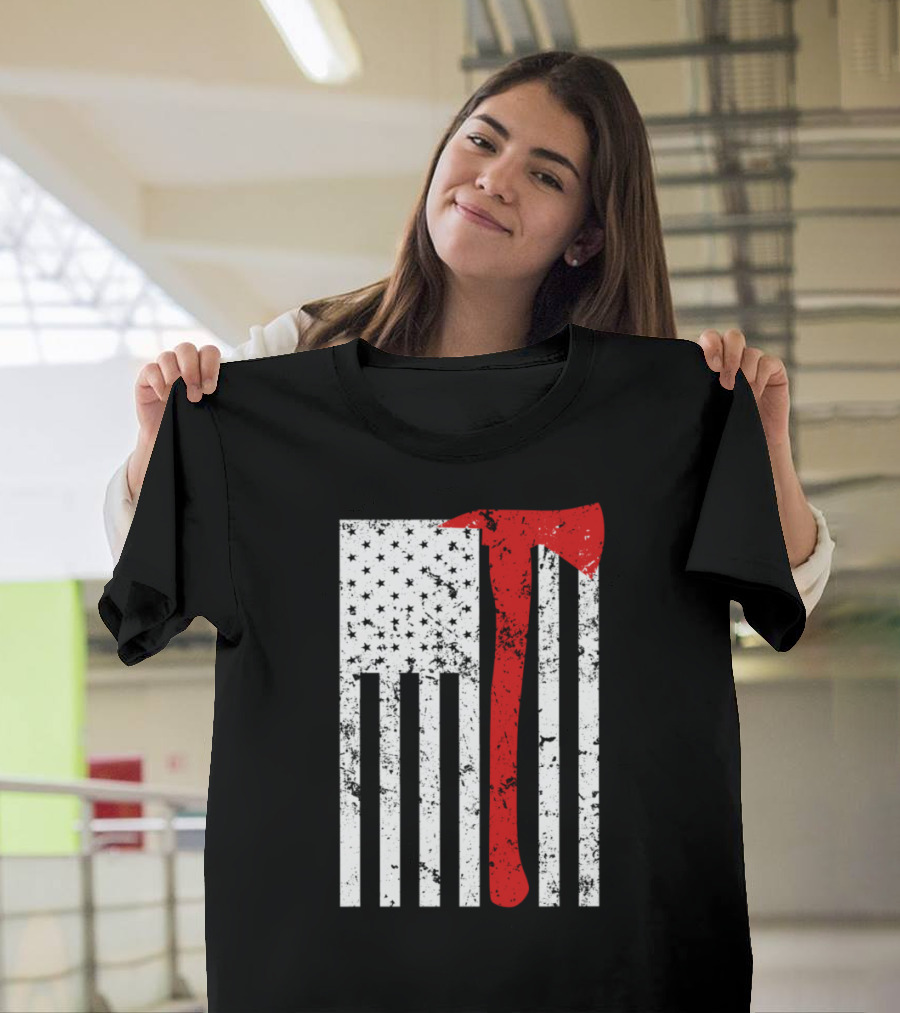 Proud Firefighter US Flag Thin Red Line Axe Stars Stripes T-Shirt