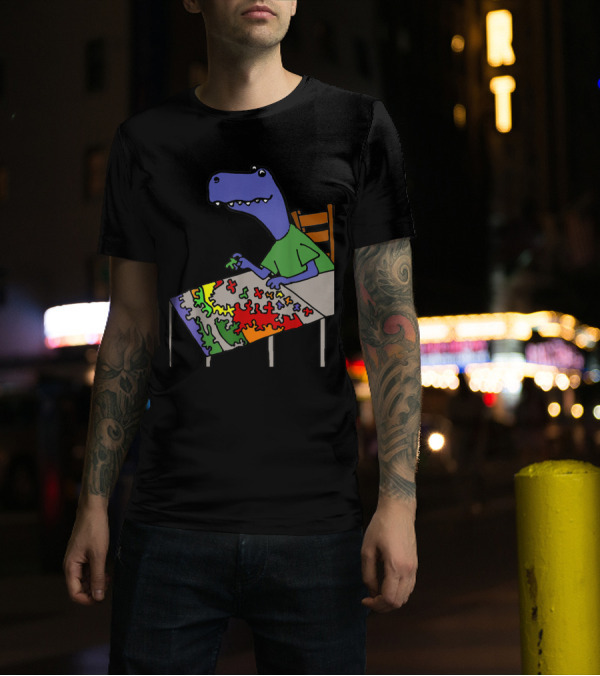 Smileteeshoba Funny Rex Dinosaur Solving Vibrant Jigsaw Puzzle T-Shirt
