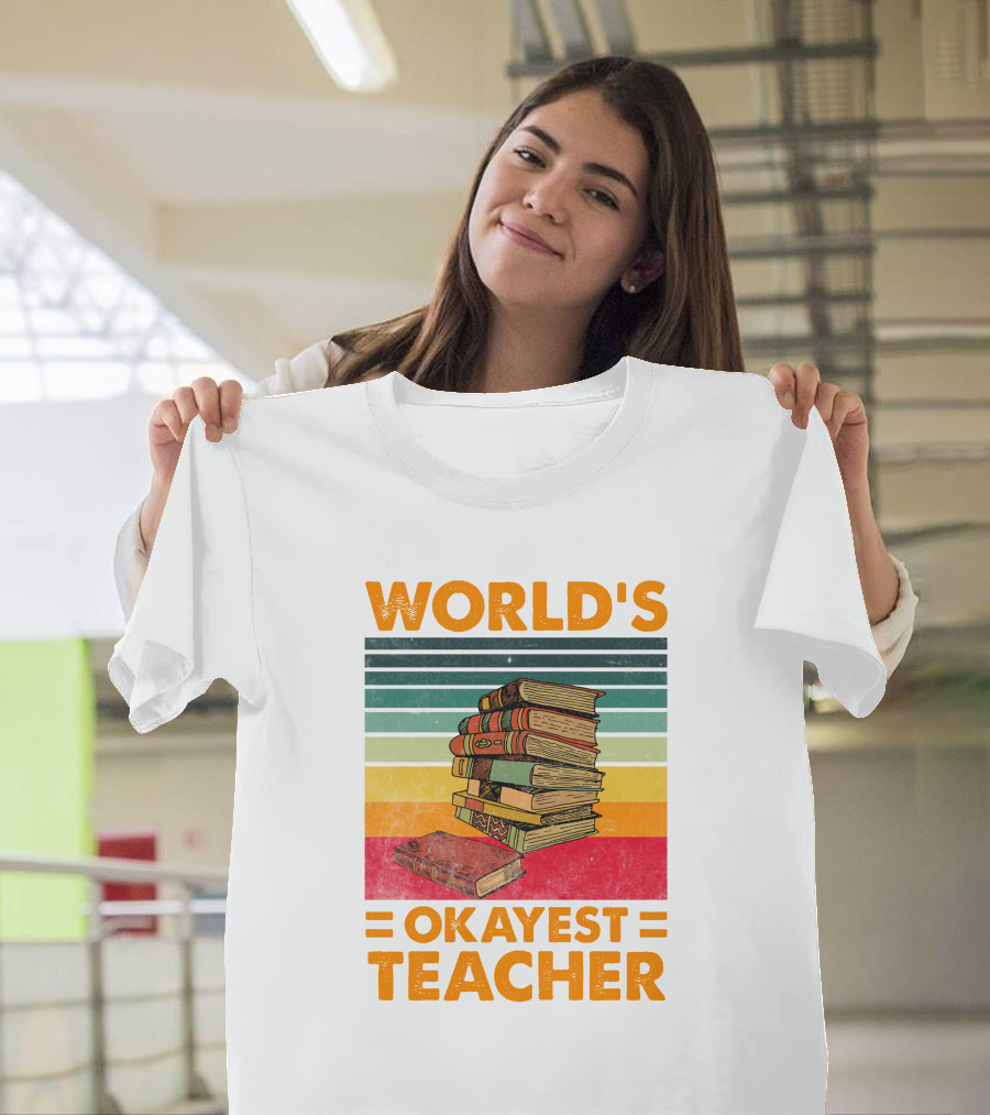 World's Okayest Teacher Retro Stack of Books T-Shirt