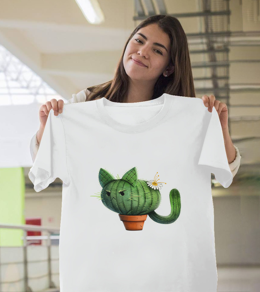 Cat Cactus with Flower in Pot T-Shirt